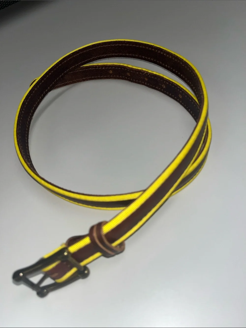 Linea Pelle Brown Leather & Yellow Nylon Belt Size Small